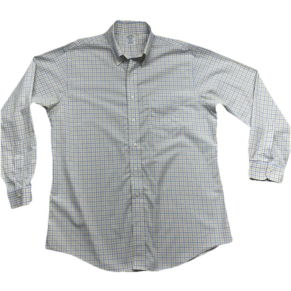 Brooks Brothers Shirt Mens Blue Yellow Plaid Long Sleeve Button Down 16.5 34